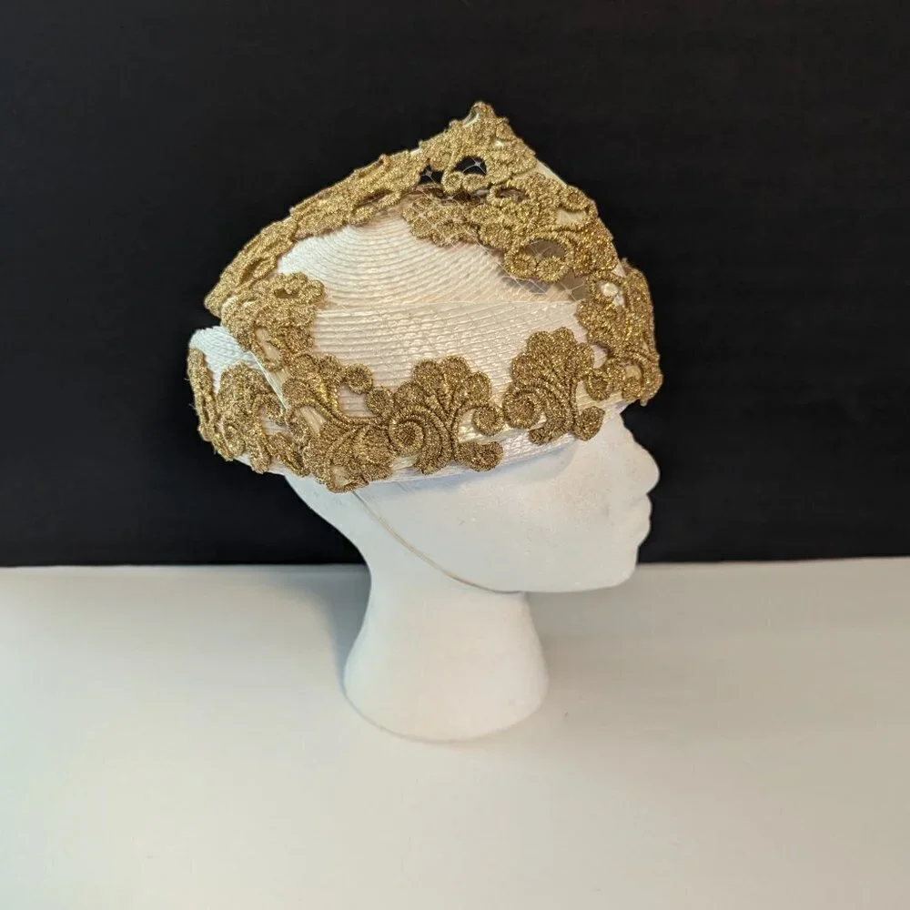 Vintage 50s 60s Round Gold Hat Madmen‎ Church Evening Cocktail Party Embellished - Picture 2 of 8